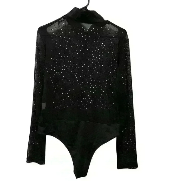 Unbranded Tops - Black Sheer Rhinestone Detail Mock Neck Bodysuit Size 2XL